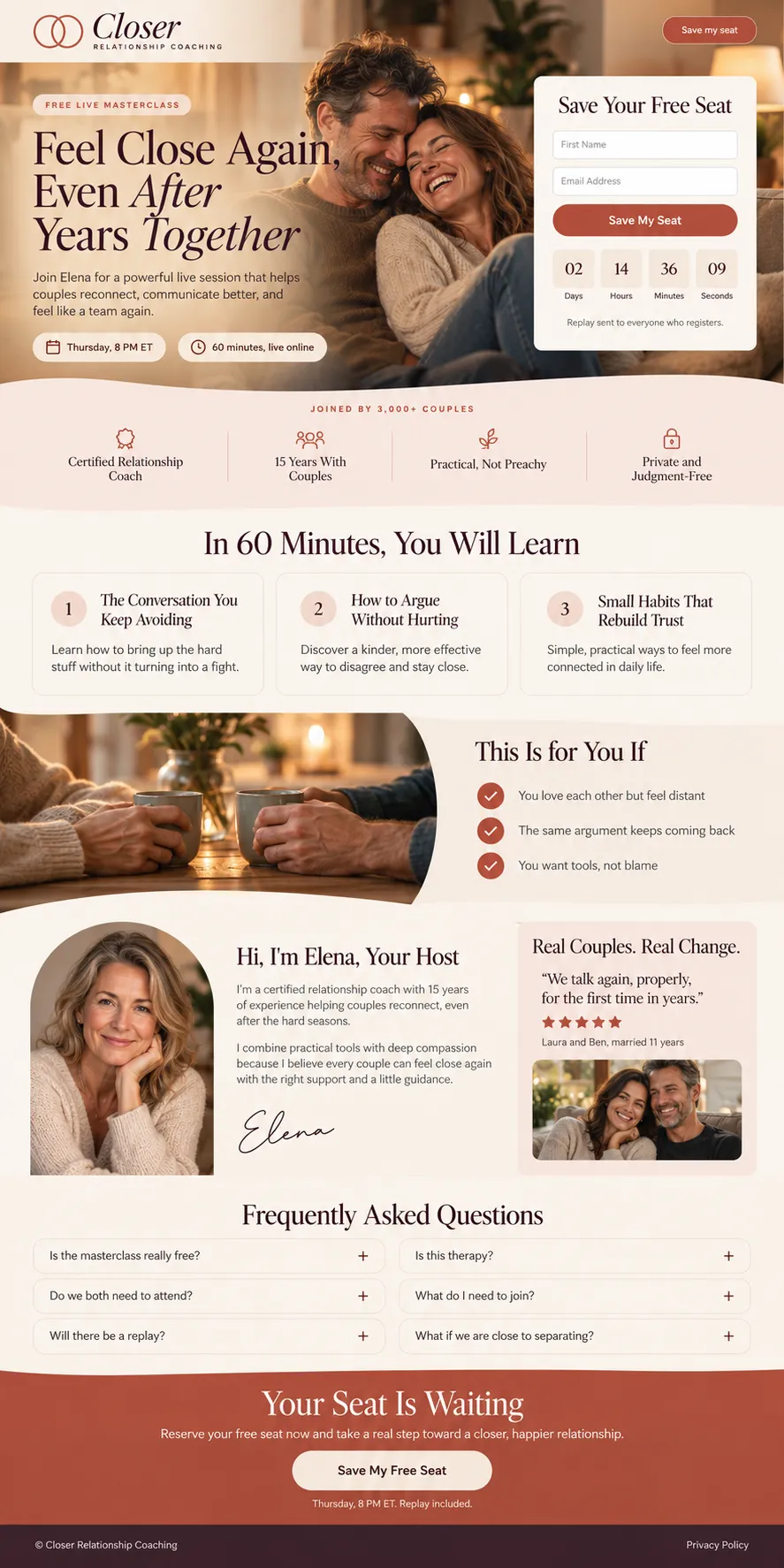 Closer Relationship Coaching landing page, a concept project built around one action: save a seat at a masterclass.