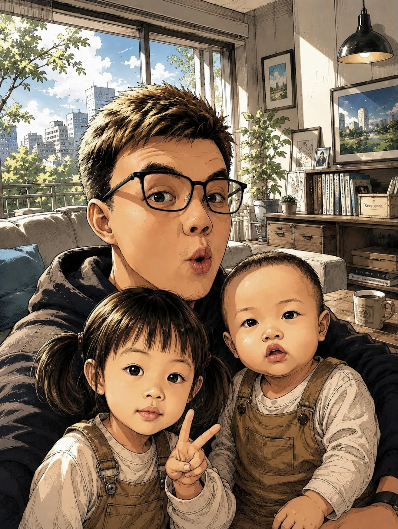 Illustrated portrait of Mevius, founder of CassYoungTech, taking a selfie with his two young children, Cassandra and Young, at home.