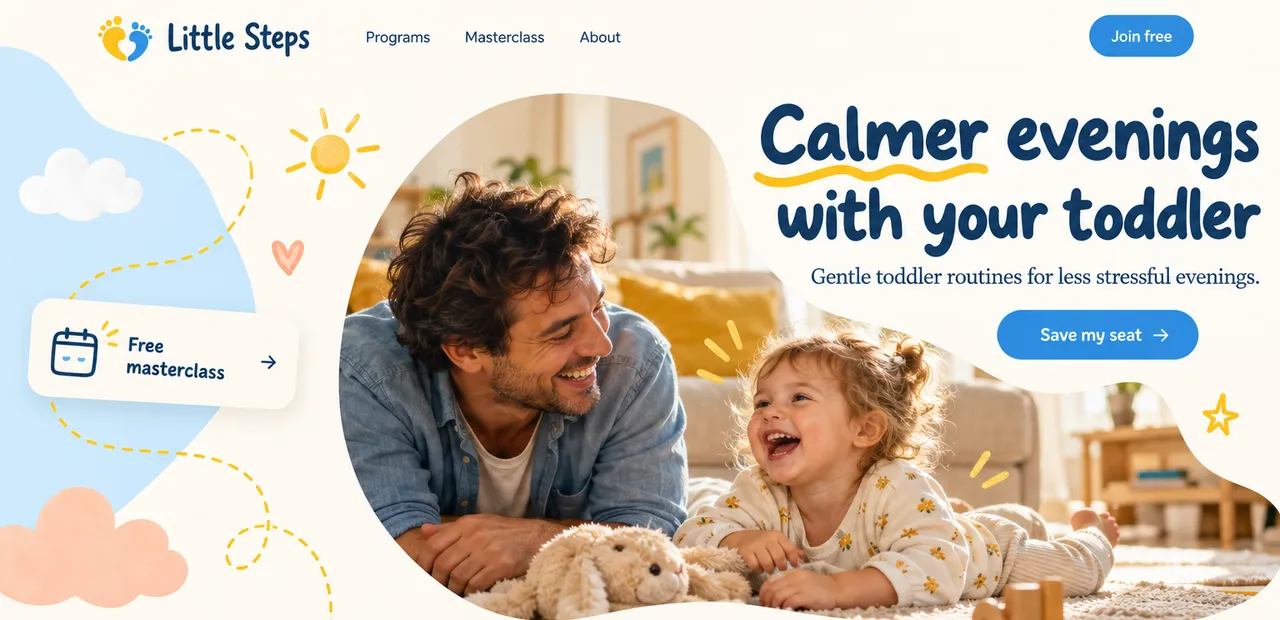 Little Steps, a concept landing page for a parenting coach, built around saving a seat at a free masterclass.