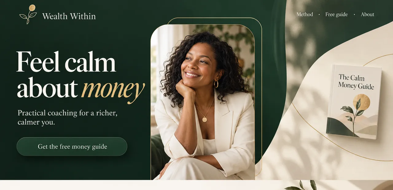 Wealth Within, a concept landing page for a money-confidence coach, built around a free money guide.