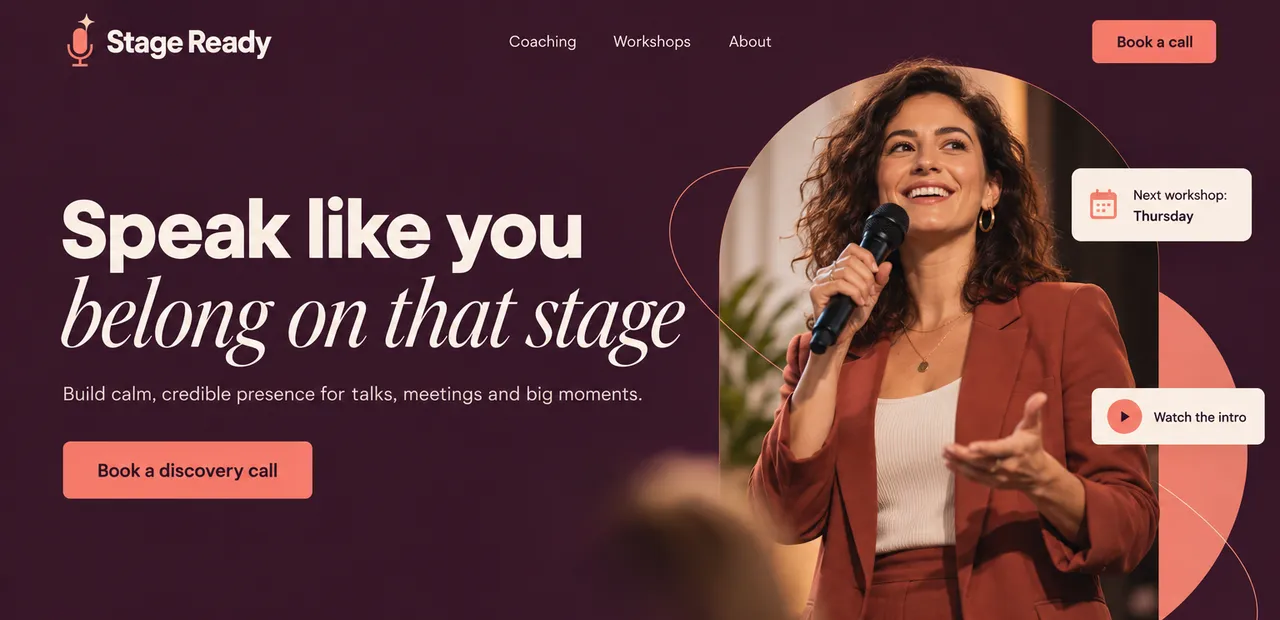 Stage Ready, a concept landing page for a public-speaking coach, built around booking a discovery call.