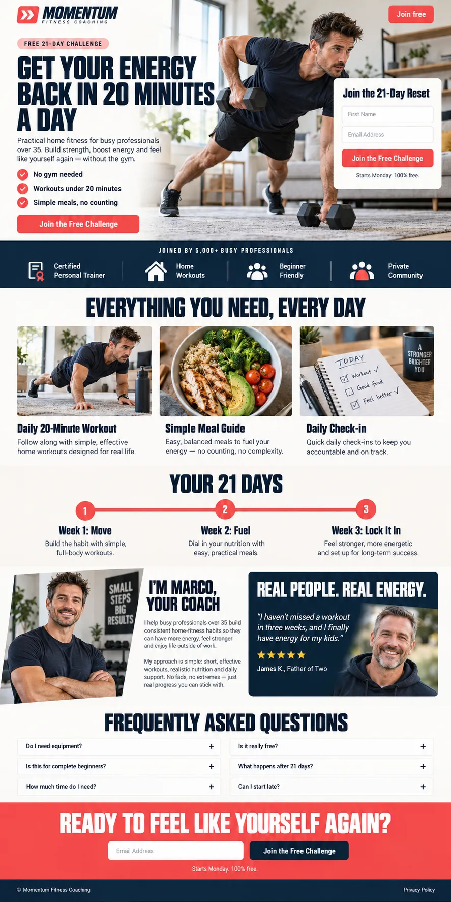 Momentum Fitness Coaching landing page, a concept project built around one action: join a free challenge.