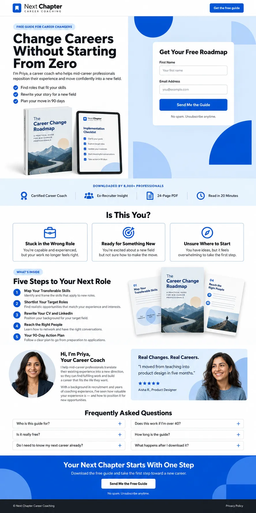 Next Chapter Career Coaching landing page, a concept project built around one action: download a free guide.