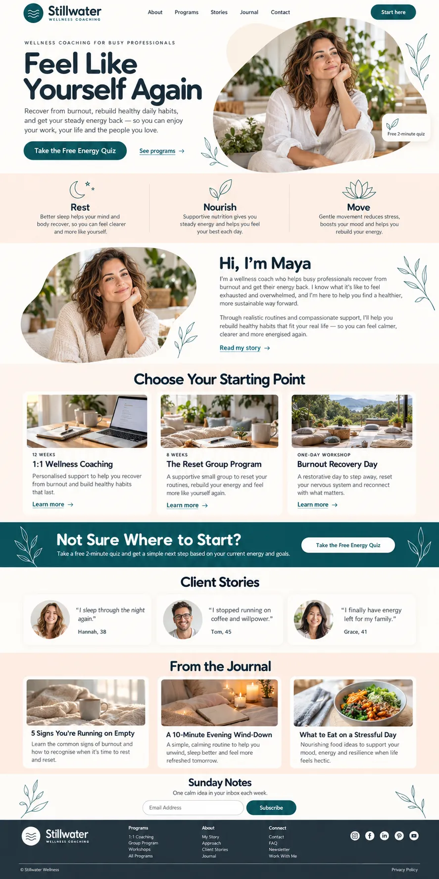 Stillwater Wellness website, a concept project built around one action: take a free quiz.